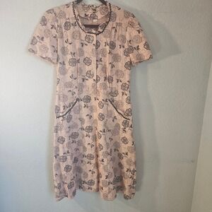 VNTG lrg 40s 50s dress mauve black pockets short sleeve‎ button detail dress